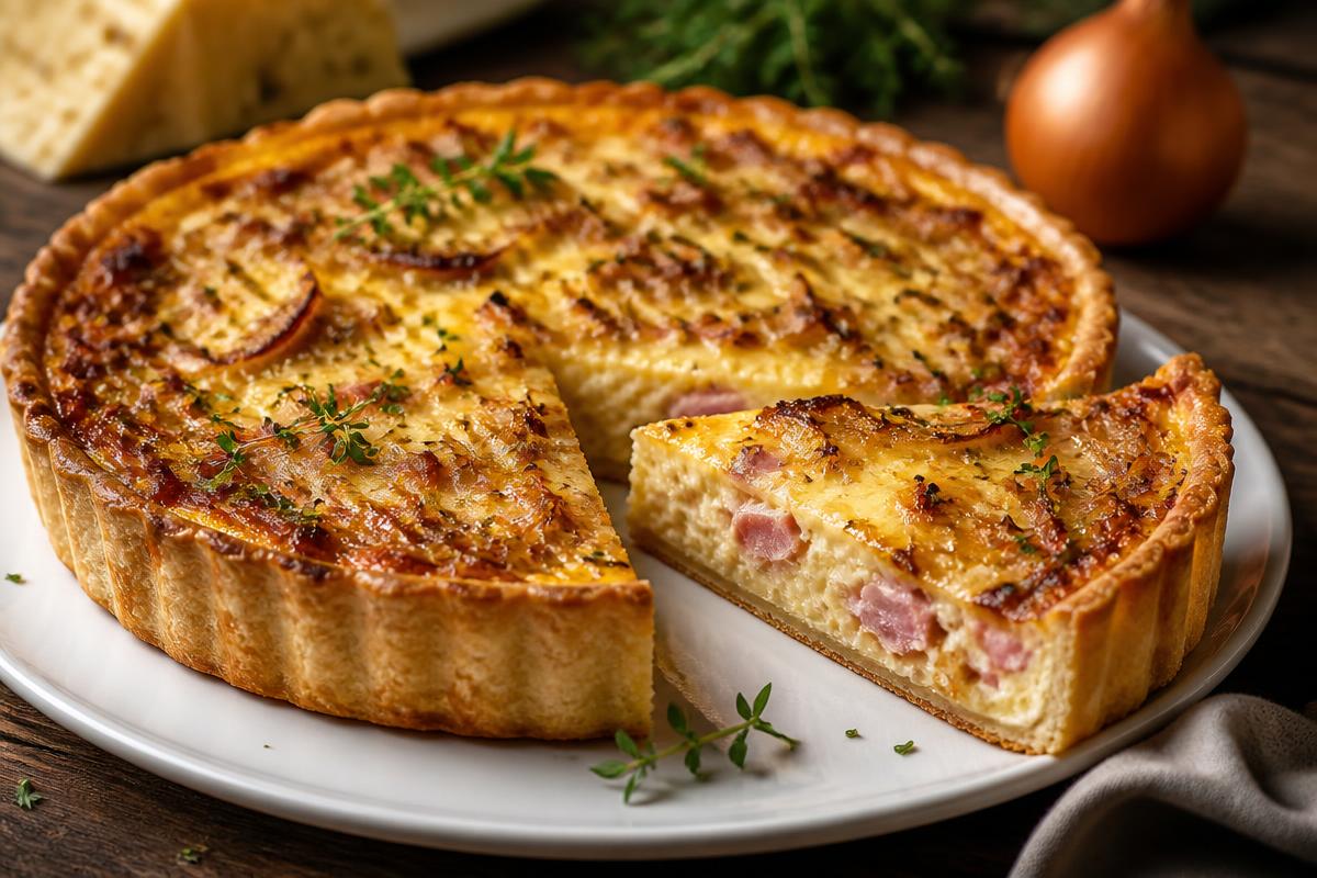 Quiche de Cebola Caramelizada com Queijo e Presunto